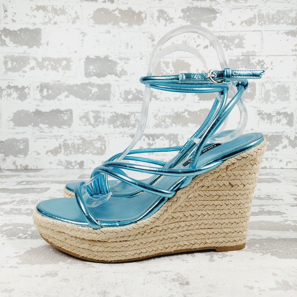 Nine West Womens Hipsta 3 Blue Faux Leather Wedges Platform Sandals F238